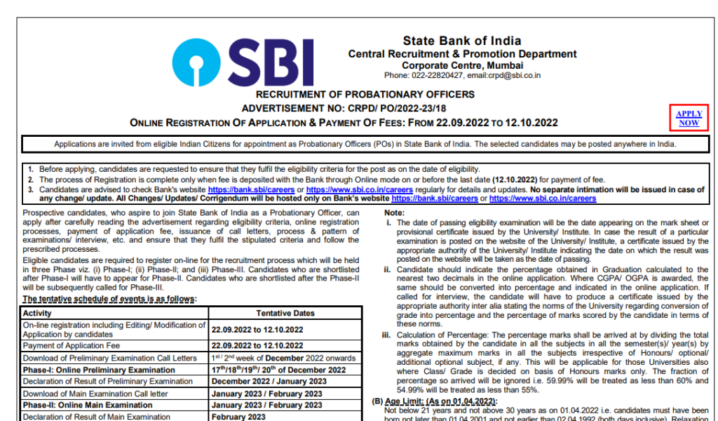 SBI PO Notification 2022: Application Form, Eligibility, Apply Online
