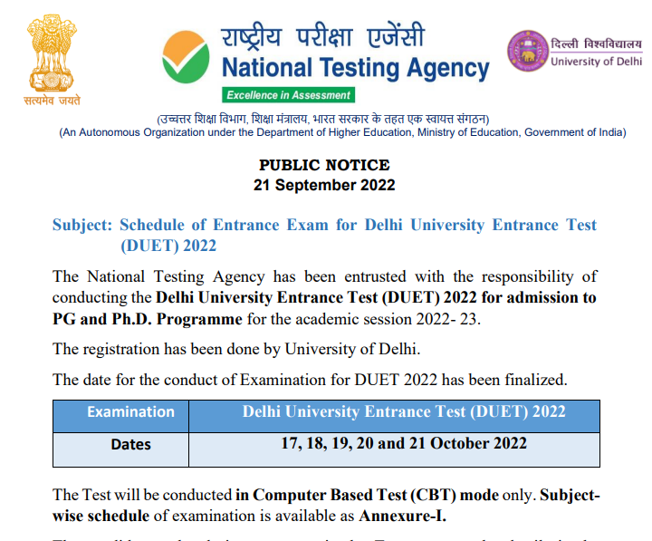 DUET Admit Card 2022, Delhi University PG Entrance Exam Date Link