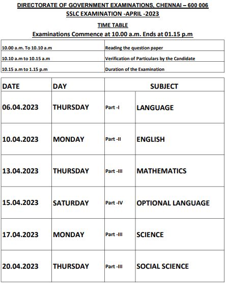 TN SSLC Time Table